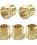 Five brass NPT reducer bushings, 3/8 in male to 1/4 in female, hex threaded pipe fittings