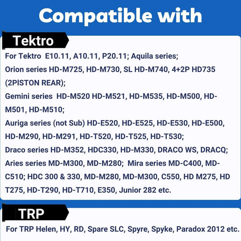Compatibility chart showing resin disc brake pads set compatible models for Tektro and TRP systems.
