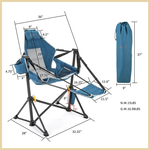 Foldable Hammock Style Camp Chair with Detachable Footrest and Padded Headrest and Seat for Beach, Camping, Tailgating with dimensions.