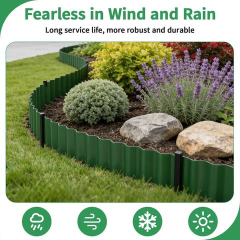 Flexible 6 Inch Corrugated Landscape Edging Kit, 29.5 Feet Long With 16 Stakes in garden with rocks and plants