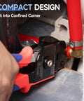 One Hand PEX Cinch Tool Kit with Cutter and Go No Go Gauge used in tight plumbing space, installing PEX piping with clamps.