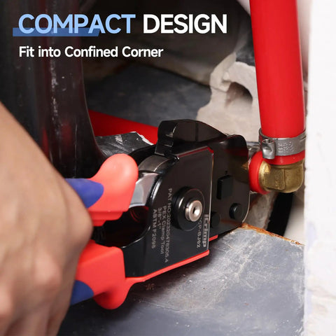One Hand PEX Cinch Tool Kit with Cutter and Go No Go Gauge used in tight plumbing space, installing PEX piping with clamps.