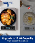 Comparison image showing Home Chef Friendly Digital Kitchen Scale With 33 Lb Capacity holding roasted chicken, and a smaller scale with flour and egg.