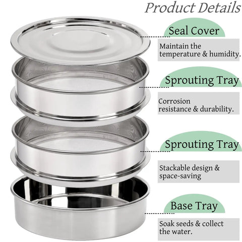 Pro Grade 9 Inch Stackable Stainless Steel Seed Sprouting Kit With 3 Tier Mesh Germination Trays And Lid Base For Beans Peas Broccoli Wheat Grass Microgreens Soil Free Sprouts, showing three sprouting trays and lid.