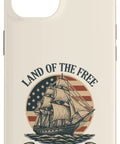 Patriotic Flag Sailboat Case For iPhone 14 With Red White And Blue Pride, featuring a sailing ship and 'Land of the Free' design.