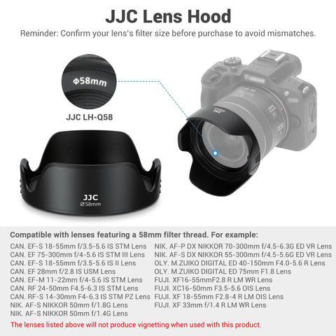 58mm Tulip Flower Lens Hood For Canon DSLRs And EF-S 18-55mm Kit Lenses Reversible Design Reduces Lens Flare Supports 58mm Filters And Caps Easy Mount And Compact Travel Accessory shown next to camera