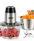 Two Bowls 450W Food Processor With Meat Grinder And Veggie Chopper BPA Free glass and stainless bowls showing ingredients