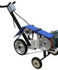 Portable Belt Sander And Abrasive Grinder On Rolling Frame For Rust Removal And Wood Projects Features Killer 4000W Motor, side view showing handle.