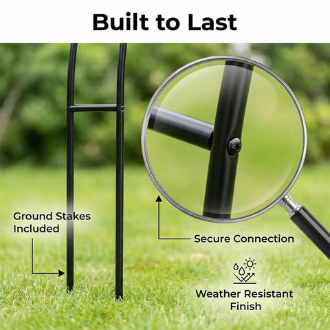 Close-up of a Rust-Resistant Galvanized Metal Garden Arch Trellis leg with magnified secure connection details on grass