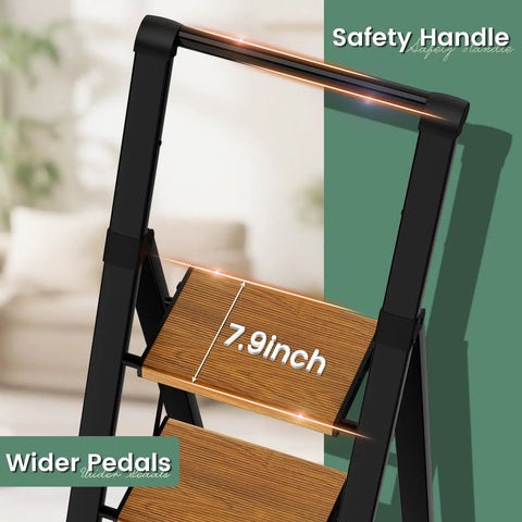 Four Step Folding Aluminum Step Ladder With Handle For Home Use Non Slip Pedals And Rubber Feet Safe Sturdy Kitchen And Garage Ladder For Adults Lightweight Portable Easy Fold And Store In Small Spaces, 7.9-inch pedal close-up