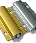 Gold Magnetic Push To Open Cabinet Latches Two Pack Heavy Duty Door Catch And Drawer Closers with Spring Plunger in gold and silver.