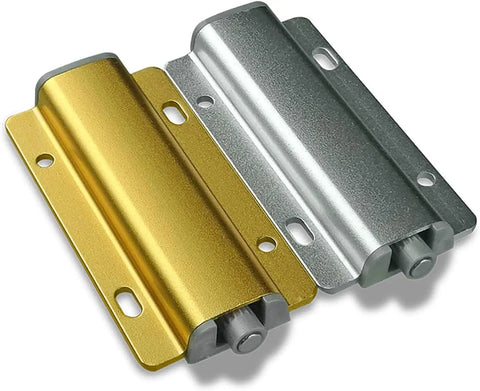 Gold Magnetic Push To Open Cabinet Latches Two Pack Heavy Duty Door Catch And Drawer Closers with Spring Plunger in gold and silver.