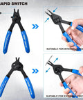12 Piece Versatile Retaining Snap Ring Pliers Set showing pliers with blue handles for internal and external rings, knob feature visible.