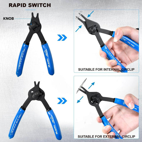 12 Piece Versatile Retaining Snap Ring Pliers Set showing pliers with blue handles for internal and external rings, knob feature visible.