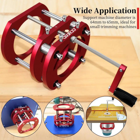 Heavy Duty Router Table Lift With Killer Four Jaw Clamping For 65 Millimeter Motors showing red metal construction and height adjustment crank.