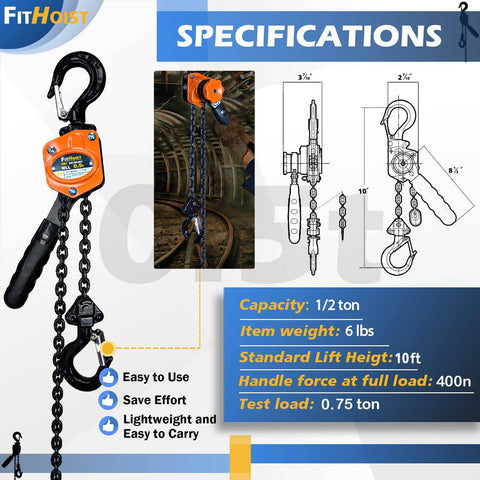 Half Ton Chain Hoist Come Along 1100 Lbs Capacity With 10 Foot Lift G80 Chain Ratchet Chain Puller Hoist With Dual Beefy Hooks