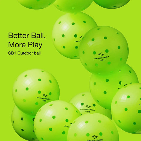 Multiple neon green pickleball balls, marked with 'Gearbox GB1', arranged randomly against a similar green background.