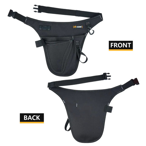 Front and back view of Garden Tool Organizer Belt With Four Pockets Multi Purpose Work Apron Pouch For Gardening Florists DIY Projects And Light Plumbing Heavy Duty Tool Carrier In Black.