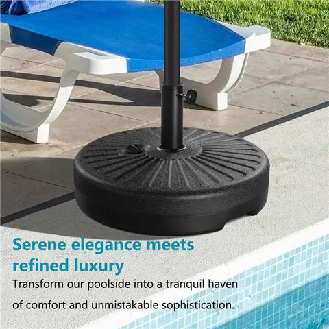 Rock Solid Heavy Duty Round Umbrella Base 85.7 Pound Water And Sand Filled Patio Stand next to a pool with lounge chair