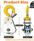 Two Pack Pulley Hook Snatch Block For One Ton 2200 Lb Load Heavy Duty Steel With Hook For Five Eighth Inch Wire Rope 360 Degree Swivel Double Bearing Hoist Pulley System For Towing front and side view with 66 mm sheave