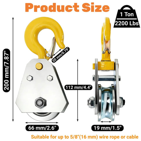 Two Pack Pulley Hook Snatch Block For One Ton 2200 Lb Load Heavy Duty Steel With Hook For Five Eighth Inch Wire Rope 360 Degree Swivel Double Bearing Hoist Pulley System For Towing front and side view with 66 mm sheave