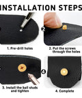 Installation steps for Premium Gold Chicago Button Studs 6mm with leather, showing screwing into holes and securing fasteners.