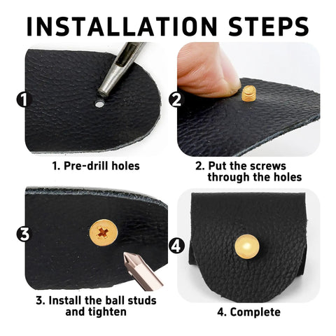 Installation steps for Premium Gold Chicago Button Studs 6mm with leather, showing screwing into holes and securing fasteners.