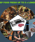 Potane precision vacuum sealer, stainless steel kitchen device, front view with bag containing meat