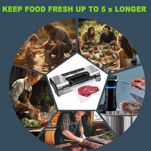 Potane precision vacuum sealer, stainless steel kitchen device, front view with bag containing meat