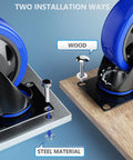 5 Inch Caster Wheels With Safety Dual Locking Heavy Duty Set Of 4 shown on wood and steel surfaces with installation hardware