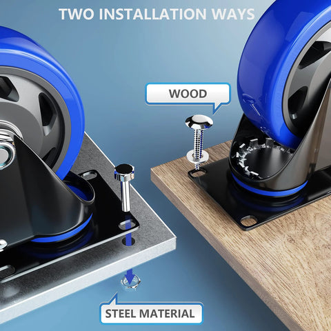 5 Inch Caster Wheels With Safety Dual Locking Heavy Duty Set Of 4 shown on wood and steel surfaces with installation hardware