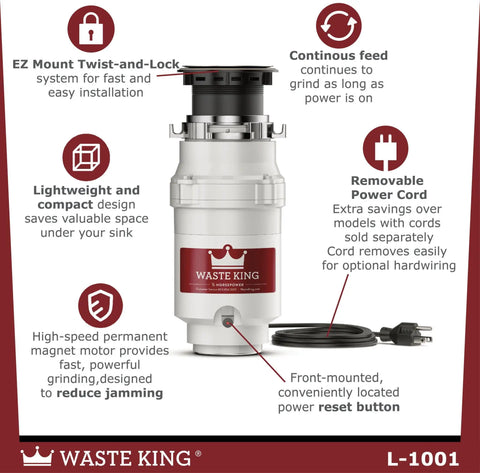 High Speed Kitchen Garbage Disposal With Power Cord, EZ Mount Quick Sink Installation, product highlights and features displayed