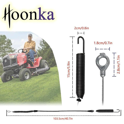 Blade Engagement Cable For 42 Inch Deck Riding Mowers shown with detailed dimensions and extension spring