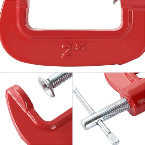 Close-up of 16 Pack 2 Inch C Clamps Set Beefy Heavy Duty Quick Grip Clamps with 2 Inch Jaw Opening and 1 3 16 Inch Throat Depth for projects.