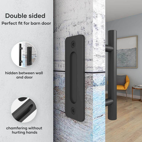 10 Inch Sliding Barn Door Handles And Pulls Set Rustic Double Sided Hardware Heavy Duty Matte Black Powder Coat Finish shown installed on a door