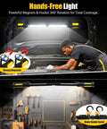 Mechanic using Magnetic LED Work Light for Mechanics With 2400LM Brightness under car hood, showing magnets and hooks.