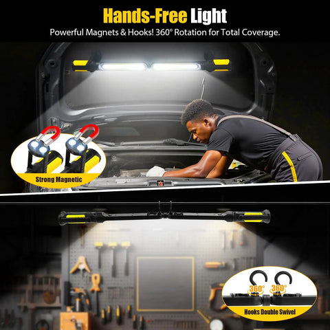 Mechanic using Magnetic LED Work Light for Mechanics With 2400LM Brightness under car hood, showing magnets and hooks.