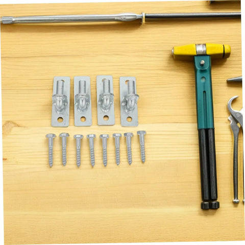 Real Deal 4 Pack Heavy Duty Iron Wall Mount Gate Hinges With Quiet Glide Silent Design And No Sweat Hardware Kit For Outdoor Fence Gates Built Tough For Daily Grind Easy Peasy Install, showing screws and tools.