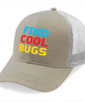 Apricot Mesh Baseball Hat For Men And Women Cool Bugs Trucker Cap with breathable mesh and colorful text 'Find Cool Bugs'