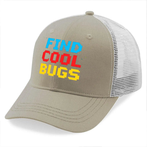 Apricot Mesh Baseball Hat For Men And Women Cool Bugs Trucker Cap with breathable mesh and colorful text 'Find Cool Bugs'