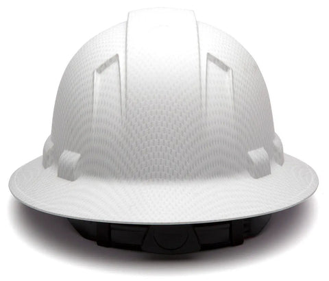 Ridgeline Full Brim Hard Hat With 4 Point Ratchet Suspension Lightweight ABS Build Matte White Graphite Pattern