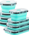 Eight Pack Collapsible Food Storage Containers with Lids, Silicone Travel Bowls for Camping, blue color, stackable and leakproof.