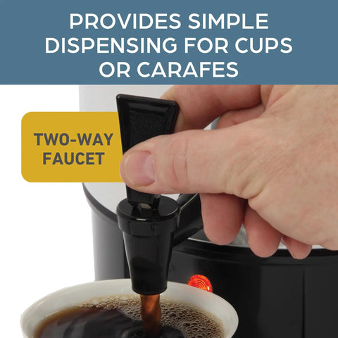 Close-up of a hand dispensing coffee using the two-way faucet on a 30 Cup Coffee Urn With Automatic Temperature Control And Fast Cup Per Minute Brewing Easy Cleanup In Basket Measuring Guide Ready Light Highly Polished Aluminum Silver Finish Ideal For Large Offices Events And Meetings.
