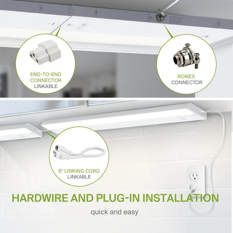 24 Inch LED Under Cabinet Lighting Kit With Plug In Or Hardwired Install, Dimmable Under Cabinet Lights connectors and plug setup