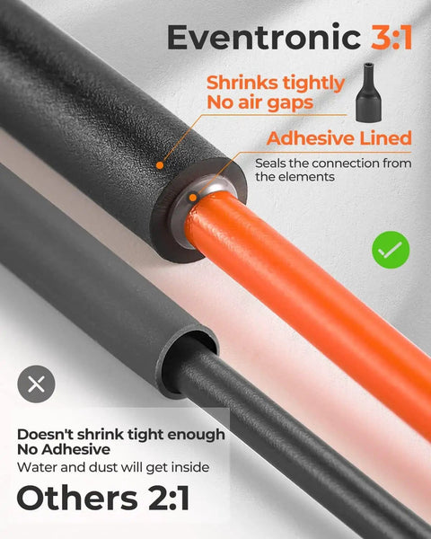 Comparison of Eventronic 400 Pcs Heat Shrink Tubing Kit With 3 to 1 Shrink Ratio Adhesive Lined tubing vs others with no adhesive.