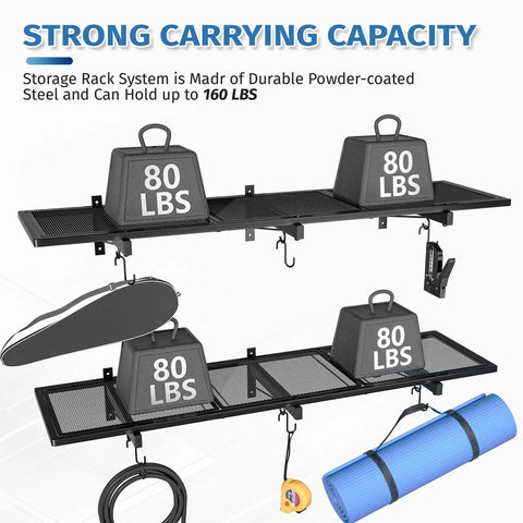 Two Pack Heavy Duty Garage Wall Shelving Racks 46 By 12.5 Inches Wall Mounted With 8 Hooks And 320 Lb Capacity Black Metal Floating Organizer Shelves For Tools And Gear, black wall rack with 80 lbs load examples