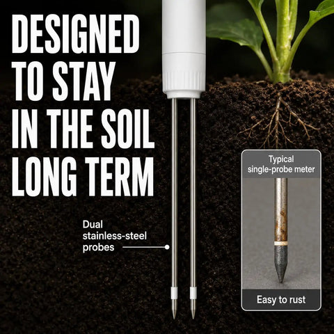 Dual Probes Leave In Soil Moisture Meter For Long Term Plant Care Real Readings On Soil Moisture Temperature And Sunlight Levels From Full Sun To Shade Indoor Outdoor Garden Monitoring, dual stainless-steel probes