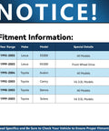 Chart showing fitment information for Two Front Wheel Bearing Hubs Replacement For 1992 Through 2003 Toyota Camry Sienna Avalon Solara And Lexus ES300 RX300.