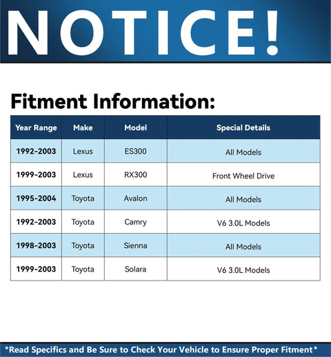 Chart showing fitment information for Two Front Wheel Bearing Hubs Replacement For 1992 Through 2003 Toyota Camry Sienna Avalon Solara And Lexus ES300 RX300.