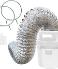 Indoor Dryer Vent Kit With Lint Trap Bucket And 4 Foot Aluminum Foil Duct, showing duct, bucket, clamps, and bracket.